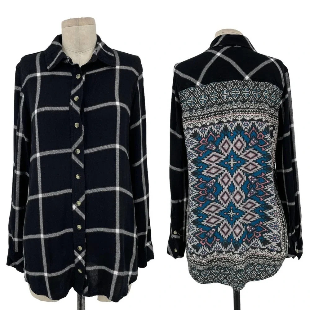 Tolani Collection Plaid Flannel Shirt Printed‎ Back Black Size XS
